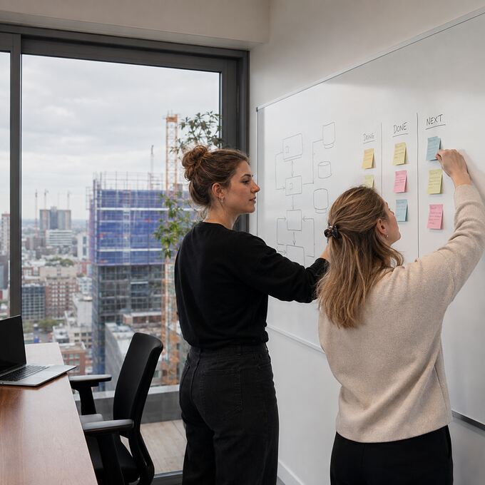 Two colleagues mapping an application workflow at a whiteboard