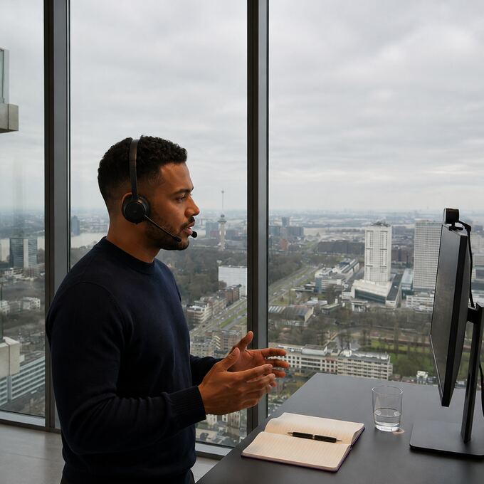 Developer discussing connected systems during a video call in Rotterdam