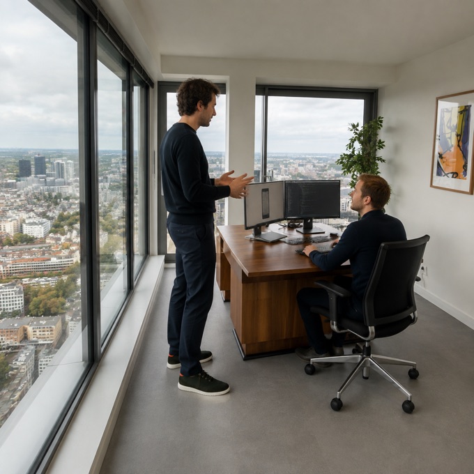Two software specialists collaborating at a workstation in Rotterdam